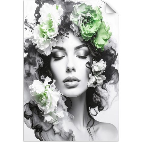 Selbstklebendes Poster – Wandsticker Porträt einer Frau mit grünen Blumen auf dem Kopf 30x45 cm