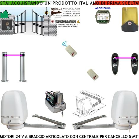 Cancello Elettrico Kit Motori a Braccio Articolato 24 V 2 Ante da 1 a 2,5 MT Centrale 220/24 V Selettore 2 Radiocomandi Faro 2 Fotocellule 2 Paline Accendiluci (1/4)