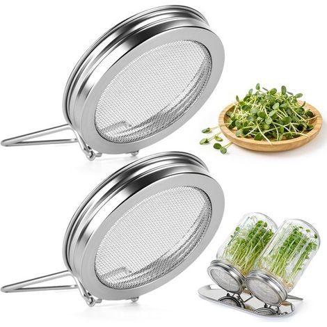 Couvercles de germination pour bocaux Mason 2 pièces 86 mm – Couvercles en acier inoxydable avec support intégré – Couvercles pour germination de luzerne haricots mungo et autres graines – Argent (1/5)