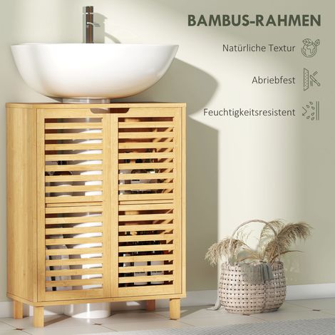 Meuble sous vasque salle de bain, armoire de toilette à portes lamellées, bambou bois naturel, étagères réglables (1/4)