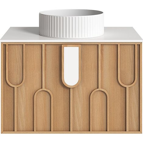 Mobile bagno testurizzato sospeso con lavabo da appoggio rotondo scanalato Naturale chiaro L75 cm - MERKAN (1/3)