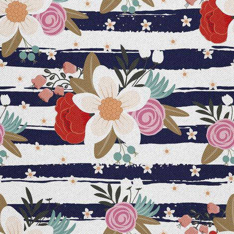 Telas decorativas para exteriores estilo oxford - estampado floral sobre rayas (1/5)
