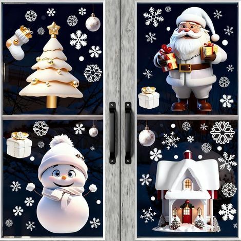 Set mit 114 weihnachtlichen, schneeflockenförmigen Glasaufklebern, weiße, statisch haftende Aufkleber für Weihnachtsdekorationen, Heimdekoration, Feiertage, Schneeflocken, Weihnachtsmann (1/5)