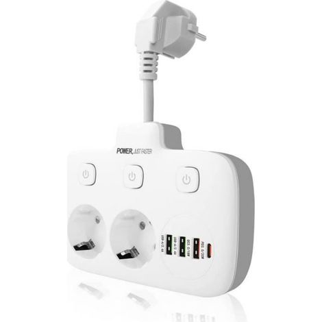 Multiprise Électrique - 2 Prises - 3 Ports USB - Parafoudre Intégré - Interrupteur Marche/Arrêt - 1 Pièce (1/4)