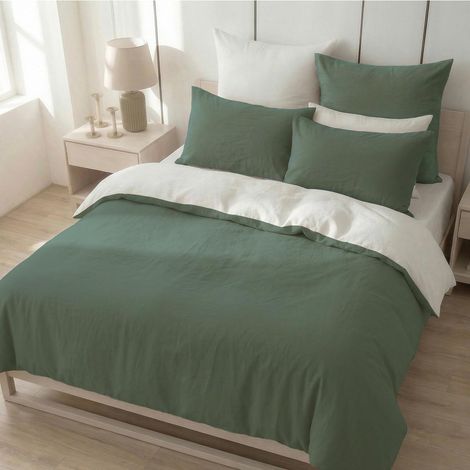 Parure de lit 180 x 200 cm en coton vert foncé/blanc – Parure de lit 3 pièces douce, 100 % coton lavé, comprend 1 housse de couette 180 x 200 cm et 2 taies d'oreiller 80 x 80 cm avec fermeture (1/5)