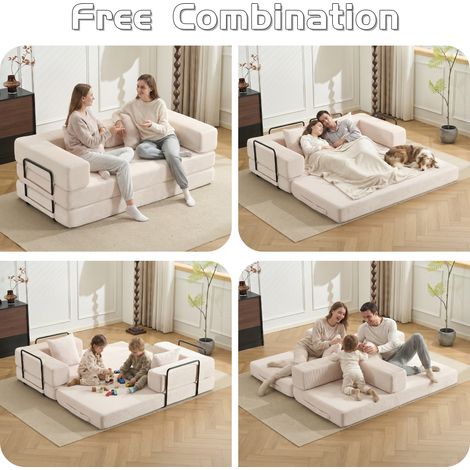 Canapé de sol blanc en velours côtelé, convertible en lit avec oreiller et accoudoirs, futon lounge moelleux, dossier soutenant, pour salon et chambre, taille unique. (1/5)