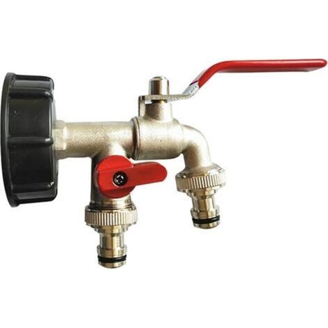 Rubinetto da giardino doppio da 1/2" – Adattatore per rubinetto per serbatoio IBC da 1000 L – con filettatura grossa in PP da 60 mm S60x6 (1/5)