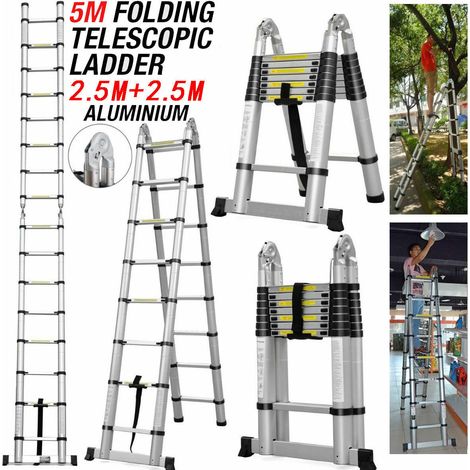 Échelle télescopique en aluminium polyvalente de 5 M Escabeau extensible Une échelle de cadre lourde Capacité de charge de 150 kg 2,5 M + 2,5 M -DHL