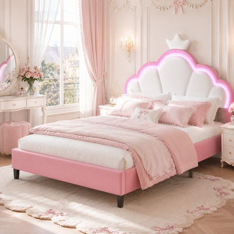 Lit double adulte 140 x 190 cm - Blanc + rose - Lit princesse 140 x 190 - Tête de lit avec LED réglables - Lit de fille en velours - Motif couronne (1/5)