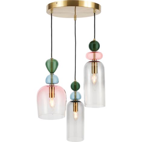 Visconte Vietri Ceiling Pendant 3 Light With Multi Coloured Glass Shades - Brass (1/5)