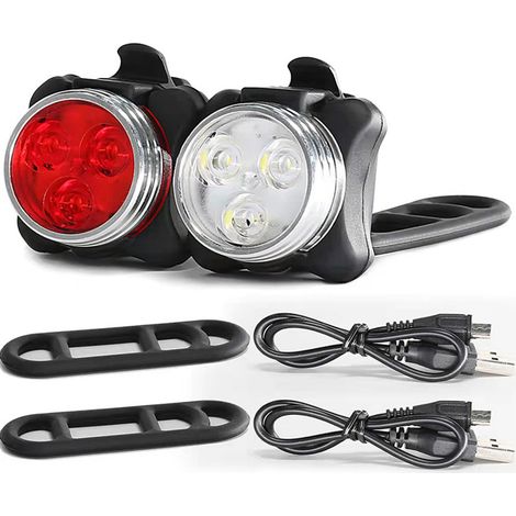 HJ-030 USB-wiederaufladbares Fahrradlicht-Set: ultrahelle Vorder- und Rücklichter, 3 LEDs, 4 Beleuchtungsmodi, 400 mAh Akku, wasserdicht, für den Außeneinsatz. (1/5)