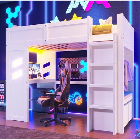 Letto rialzato per bambini 90x200 cm con LED, porta USB e porta Type-C, scala, scrivania, cassetti e armadio aperto, senza materasso, bianco (1/5)
