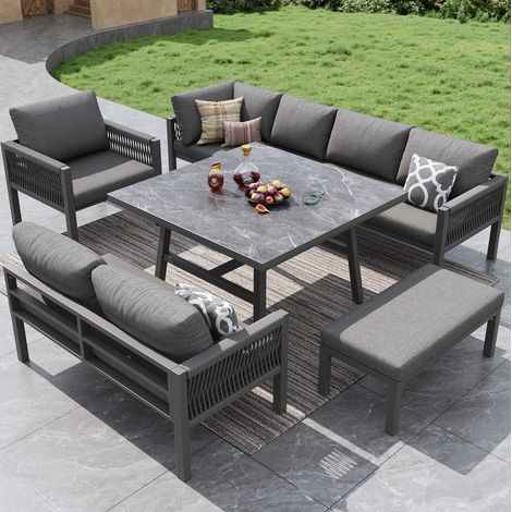 REDOM - Conjunto de jardín modular de 8 piezas 118x61x80 cm - table effet marbre - coussins 8 cm - fer gris (1/5)