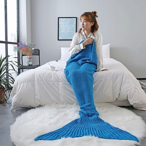 Couverture queue de sirène – Sac de couchage doux et confortable crocheté à la main – Bleu ciel – Adultes (1/3)