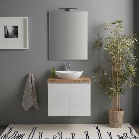 Mobile Bagno Sospeso 60Cm Bianco Lucido Top Rovere Naturale, Specchio E Lampada Benaco