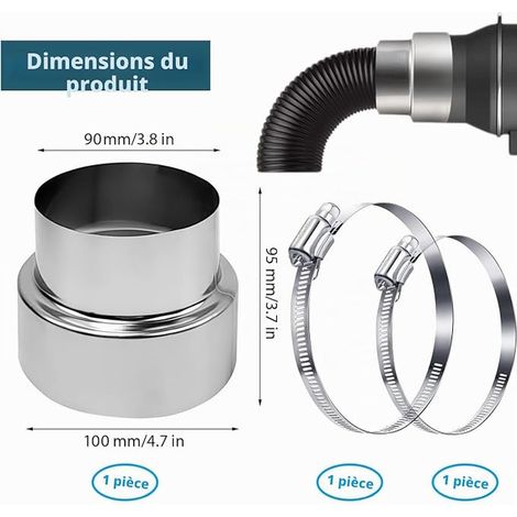 Réducteur Tuyau de Poêle 100 à 90 mm, Raccord Réduction en Acier Inoxydable avec Colliers de Serrage, Adaptateur pour Conduit de Cheminée/Conduit de Fumée (1/4)
