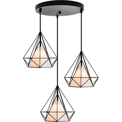Plafonnier Vintage En Forme De Cage De Diamant 25CM 3 Lumières Lampe De Plafond En Fer Lustre De Restaurant, Bar, (Noir)