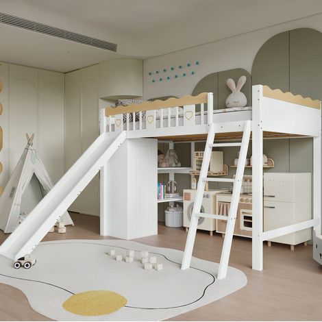 MODFU – Lit mezzanine enfant 90x200 cm pin/MDF – Toboggan, armoire et rangement – Barrière 4 côtés et FSC – Chambre – Blanc/naturel (1/5)