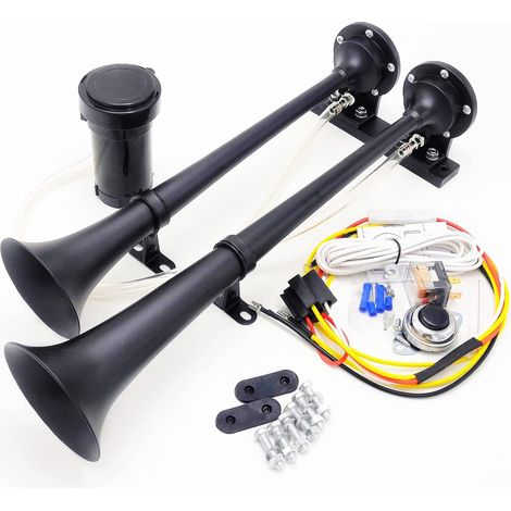 Klaxon à air Klaxon de camion noir 165DB Klaxon de bateau 45cm Klaxon à tonalité élevée et basse Klaxon à double tube Zinc chrom Compresseur Car Horn Klaxon de voiture pour 12V car yacht RV (1/5)