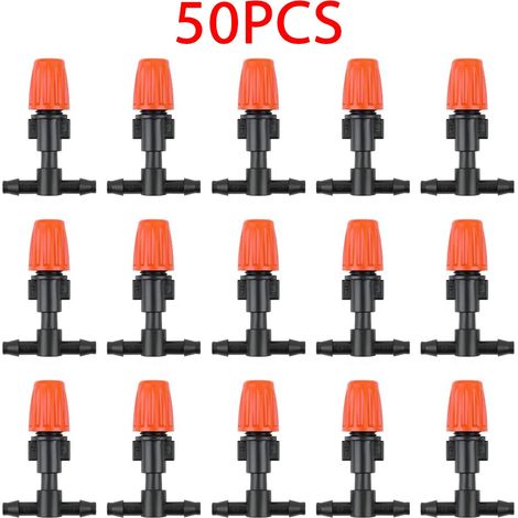 (50 pièces) Buse de brumisation réglable orange en T (7,5-10 L/h) avec raccord en T 1/4" pour système d'arrosage de jardin ou de serre avec tuyau de 4/7 mm (1/4)