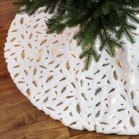 Jupe de Sapin de Noël, 120cm Peluche Jupe Arbre de Noël,Fausse Fourrure Jupe de Sapin de Noël pour Noël Décoration,Plume d'or (1/4)