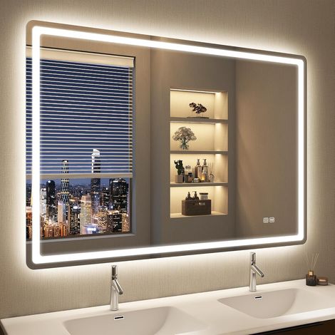 Miroir-LED-Salle-de-Bain-avec-Éclairage 100x70cm, Miroir-LED avec 3 Couleurs Lumière, Anti-buée, Gradable, Mémoire, IP44, Verre Trempé, Horizontal/Vertical (1/5)
