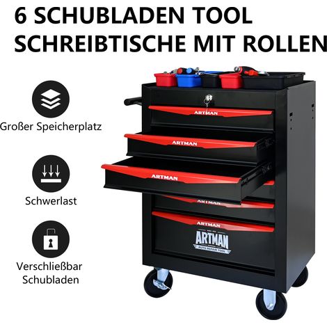 Coffre à outils roulant en acier, 6 tiroirs sur glissières à billes, armoire de rangement compartimentée noire et rouge, 6 casiers de rangement
