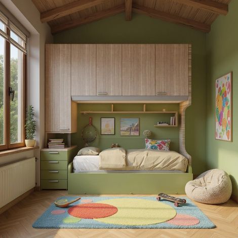 Cameretta a ponte con letto estraibile e spazio intelligente - Rovere rock