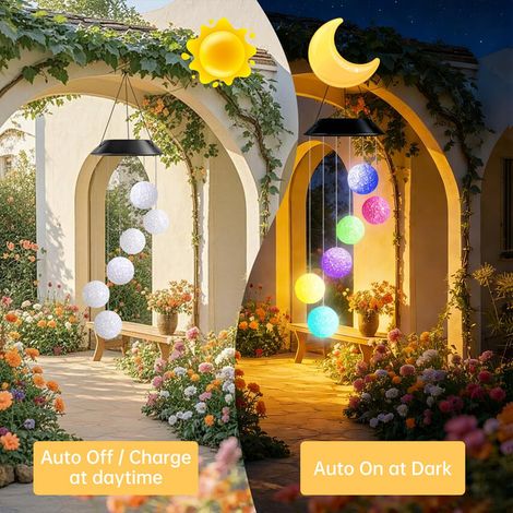Carillon Éolien Solaire Lumineux Extérieur Décoration Jardin Étanche Veilleuse LED 7 Changement de Couleur pour Patio Cour Terrasse Cadeau