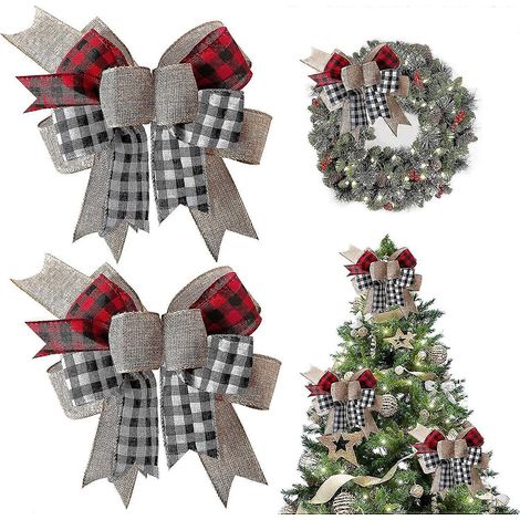 Christbaumspitzenschleife, dekorative Schleife aus kariertem Juteband, rot-schwarz, Schmuckschleife (1/4)