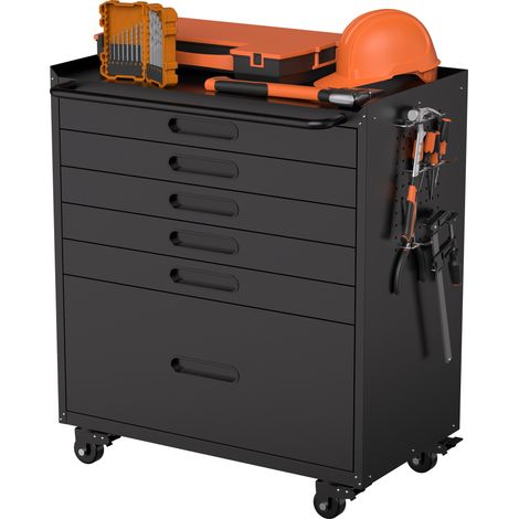 Mobile contenitore su ruote a 6 cassetti 87,3x75x42 cm in acciaio nero, con 10 ganci e maniglia (1/5)