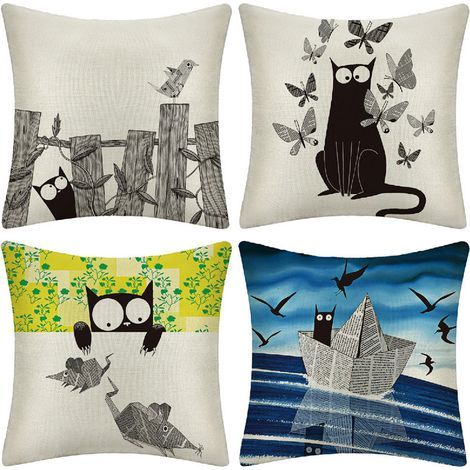 4 fundas de cojín de lino para exteriores de 45x45 cm, fundas decorativas para sofá, sala de estar, dormitorio, silla y cama (Gato negro) (1/5)