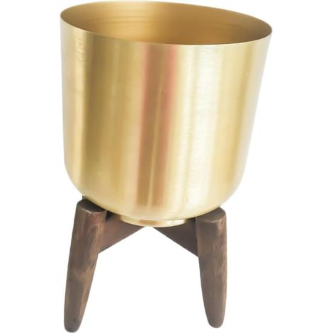 Pot de Fleurs en Fer Forgé et Support en Bois, Style Nordique pour Intérieur, Pot de Plantation Décoratif Jaune, Jardinière Élégante pour Salon et Balcon, Design Moderne (1/5)