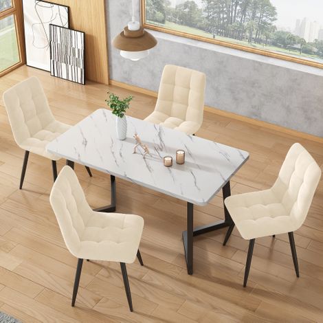 Juego de 4 sillas de comedor con respaldo, asiento de lino, estructura de metal, color beige (1/5)