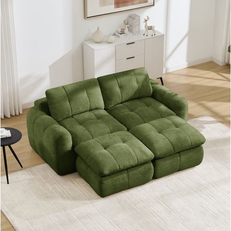 Divano modulare 2 posti con 2 pouf in ciniglia senza struttura, verde (1/5)