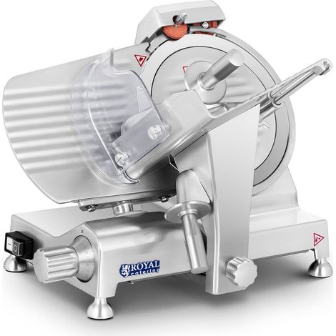 Royal Catering – Trancheuse électrique professionnelle 250 mm – Lame inclinée pour alimentation facile – Affûteur intégré – 180W – Aluminium poli (1/8)