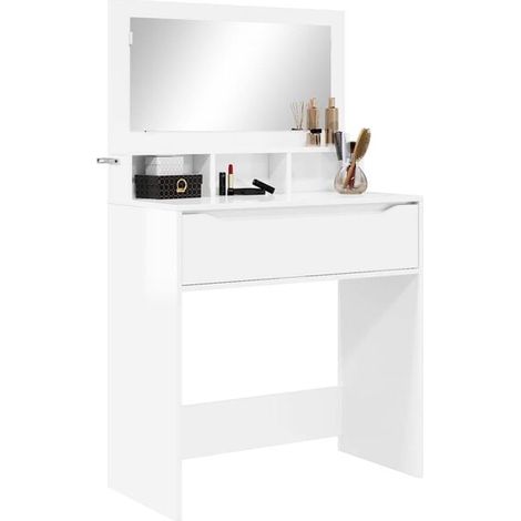 Table de Maquillage avec Miroir et Éclairage LED, Coiffeuse Blanche avec Tabouret et Tiroirs, Meuble de Chambre à Coucher Style Moderne (1/5)