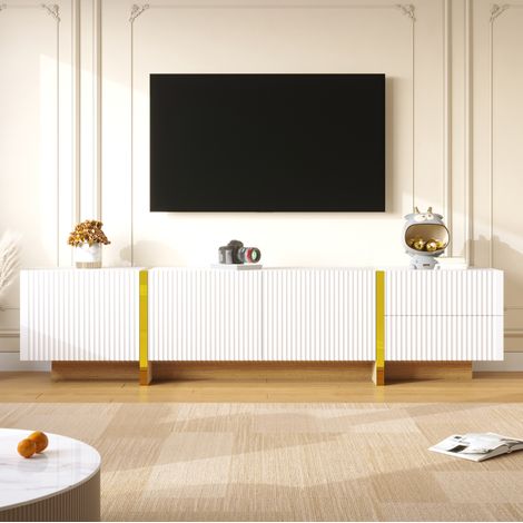 Meuble TV 190x35x45 cm blanc et doré en MDF et panneaux de particules avec grands rangements (1/5)
