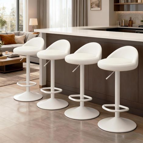 Lot de 4 tabourets de bar pivotants et réglables en hauteur, blanc (1/5)