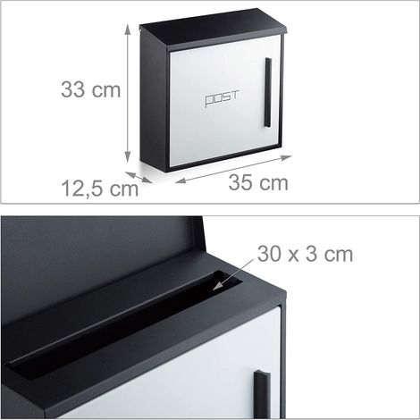 Boîte aux lettres murale moderne en acier bicolore design 35 cm noir blanc