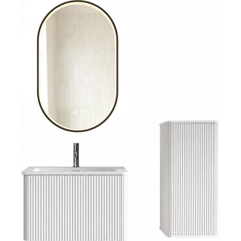 Set mobili bagno 60 cm con lavabo, colonna laterale e specchio LED, bianco (1/5)