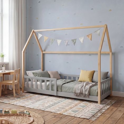 Hausbett Hesel mit Rausfallschutz 90x200 cm Grau/Natur [en.casa] (1/5)