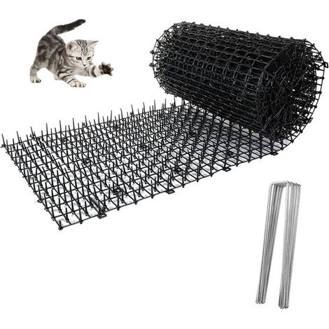 Tappetino dissuasore per gatti in plastica da 200 x 28 cm con punte, cordino e 8 picchetti a U per giardino (1/4)