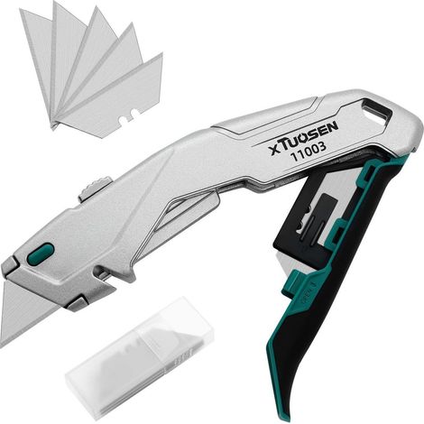 Klappbares Cuttermesser mit 10 Ersatzklingen, Schnellwechsel, Daumenauflage, Metall