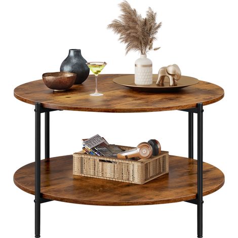 Table basse ronde à deux niveaux WLIVE. Plateau en bois et structure métallique robuste. Style moderne pour salons et chambres. Coloris marron et noir vintage. (1/5)