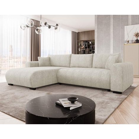Bestmobilier – Canapé d'angle réversible 4 places convertible avec coffre – Tissu bouclette beige – Dossier rabattable pour couchage occasionnel (1/5)
