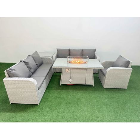 Fimous 7 Seater Poly Rattan Outdoor Garden Furniture Firepit Dining Table Sofa Set Patio 3 Seater Sofa Reclining Chair 3 Seater Sofa Side Table Light Grey (1/4)