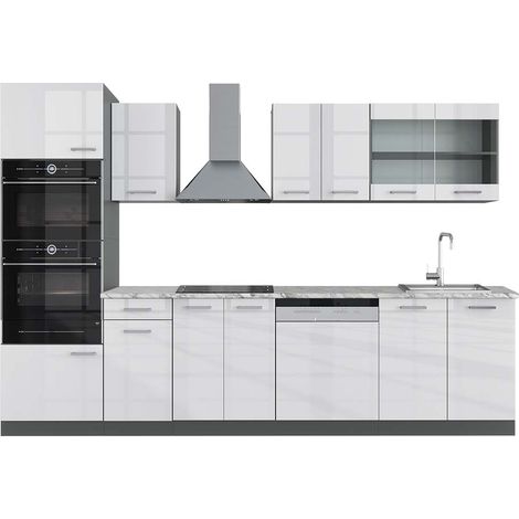 Cucina componibile R-Line, Bianco lucido/antracite, 300 cm con armadio alto, PL Marmo, Vicco