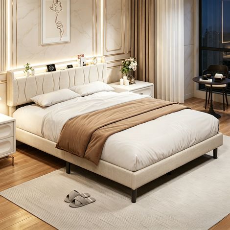 Lit double 140x200 cm - Sommier à lattes - Tête de lit avec lumières LED-Matière en lin-Beige (1/5)