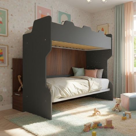 Letto a castello con scala contenitore e terzo letto estraibile - Cameretta salvaspazio - Basalto e Noce